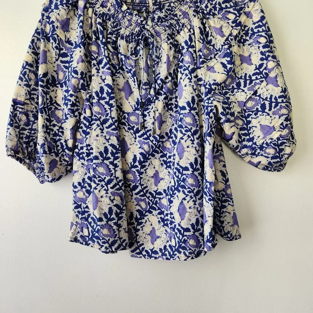 Free People Top Women's XS Blue Willow Printed Smocked Puff Sleeve Tie Babydoll
